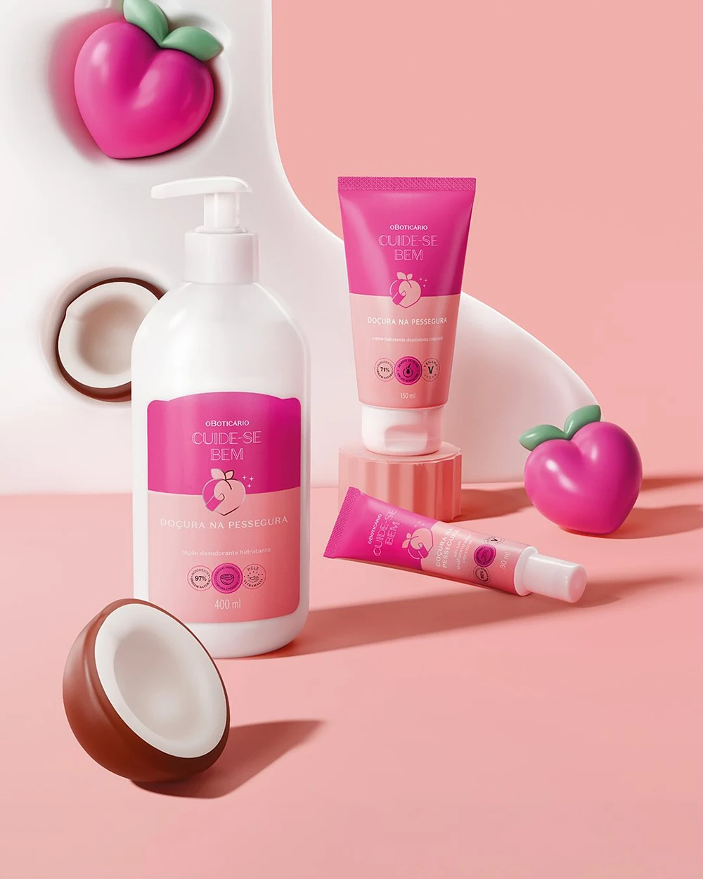 Nova linha de cuidados depilatórios Cuide-se Bem Doçura na Pessegura, de O Boticário